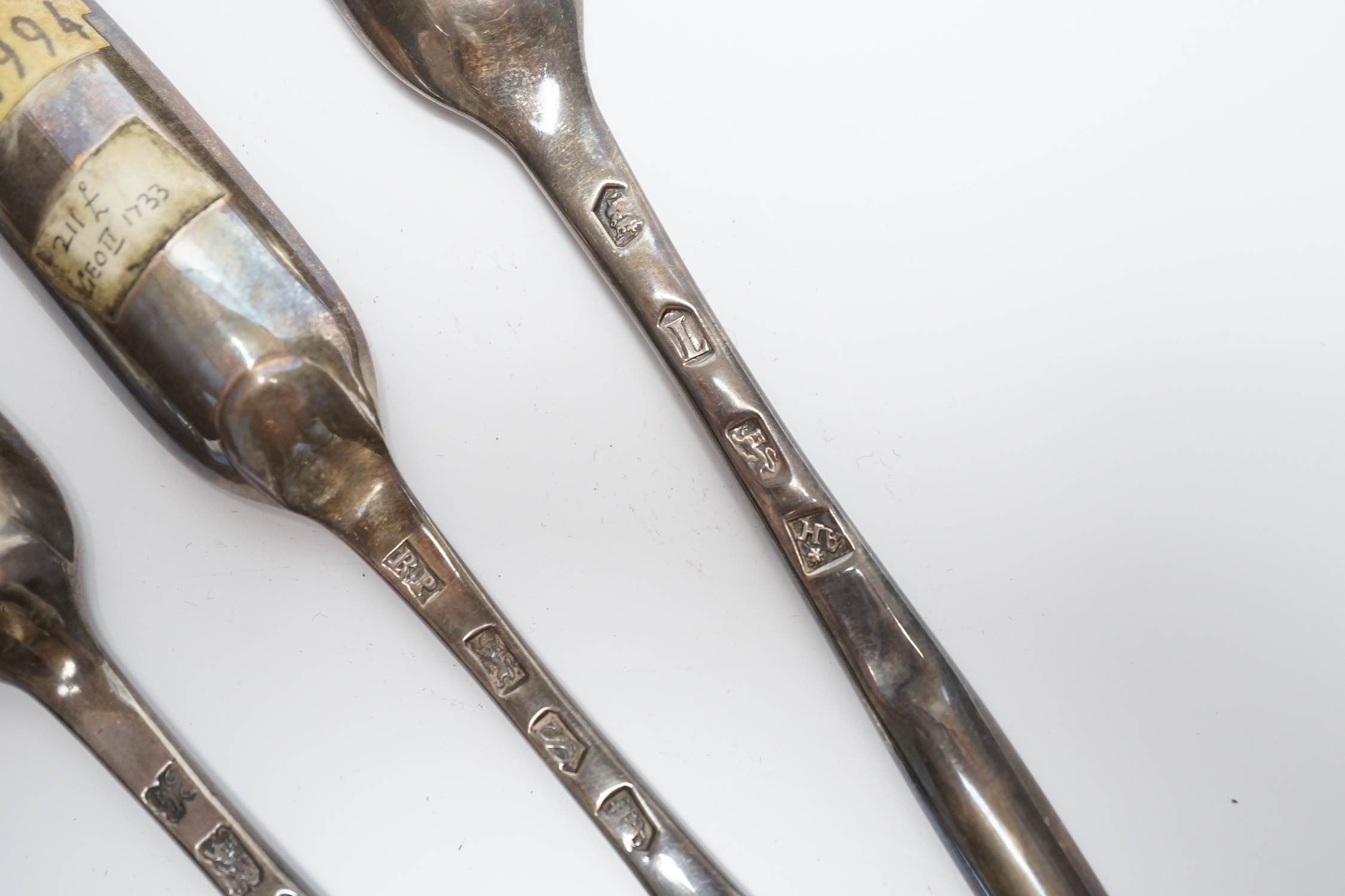 Three George II silver marrow scoops, Richard Pargeter, London, 1733, 20.7cm, Ann Hill, London, 1734 and Ebeneezer Coker?, London, 1755.